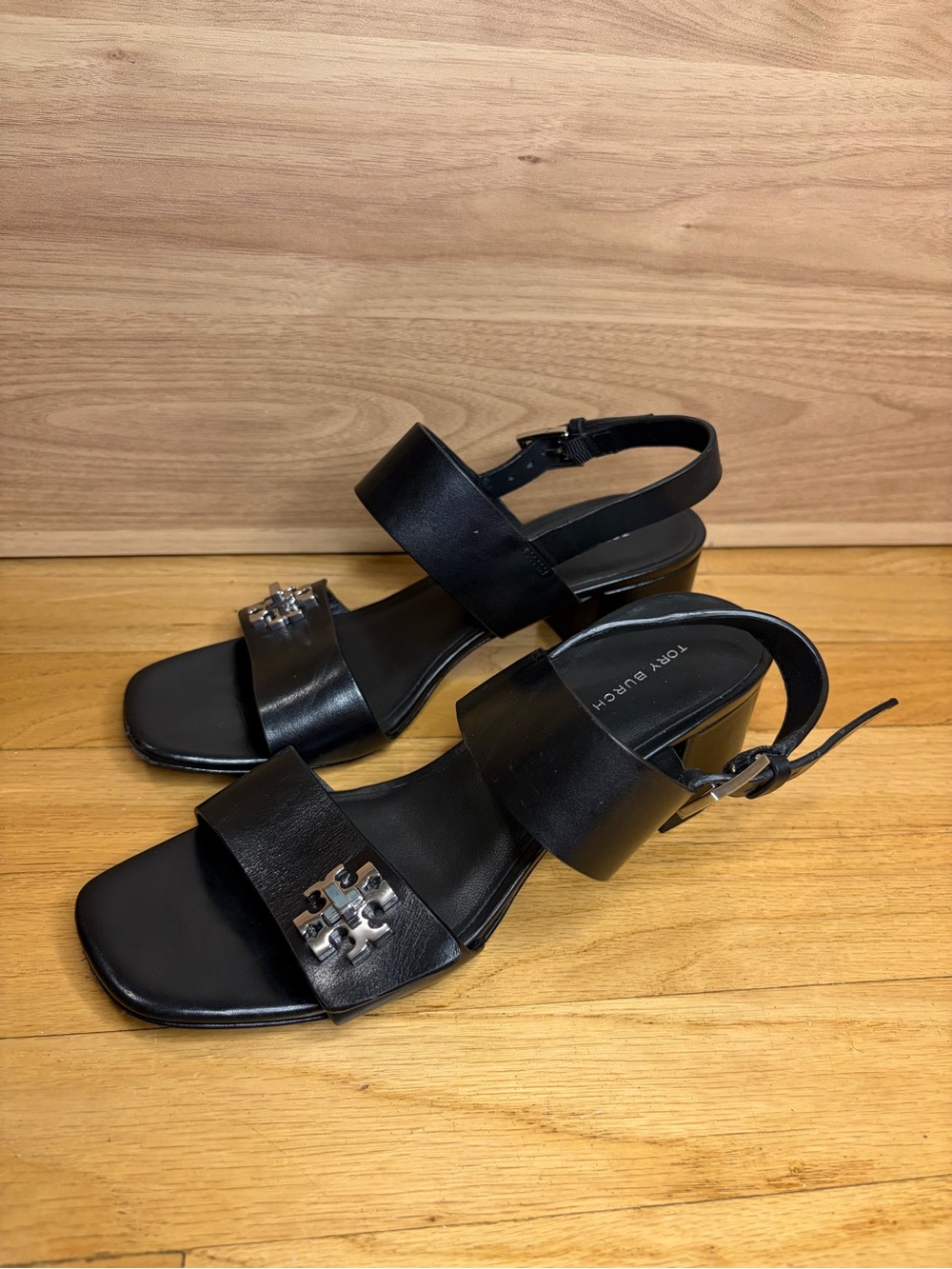 Tory Burch Black Leather Turnlock Heeled Sandals - Size 6.5